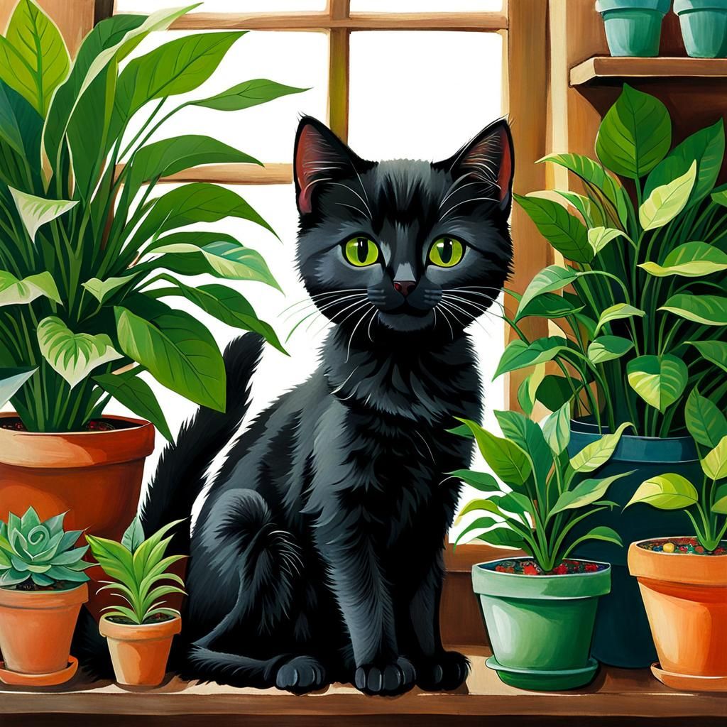 Cute Kitten with Plants, Illustrative Art