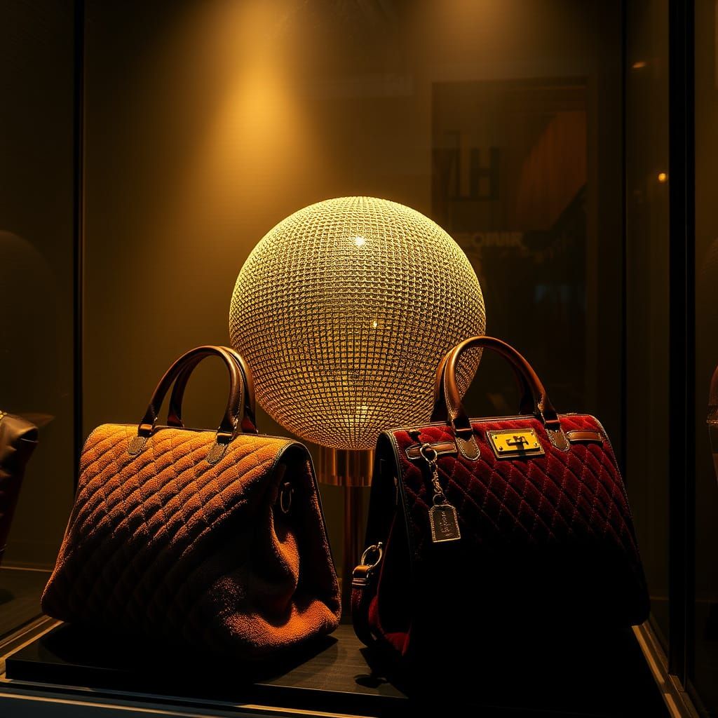 Luxury Women's Handbags on Display in Golden Globe Setting