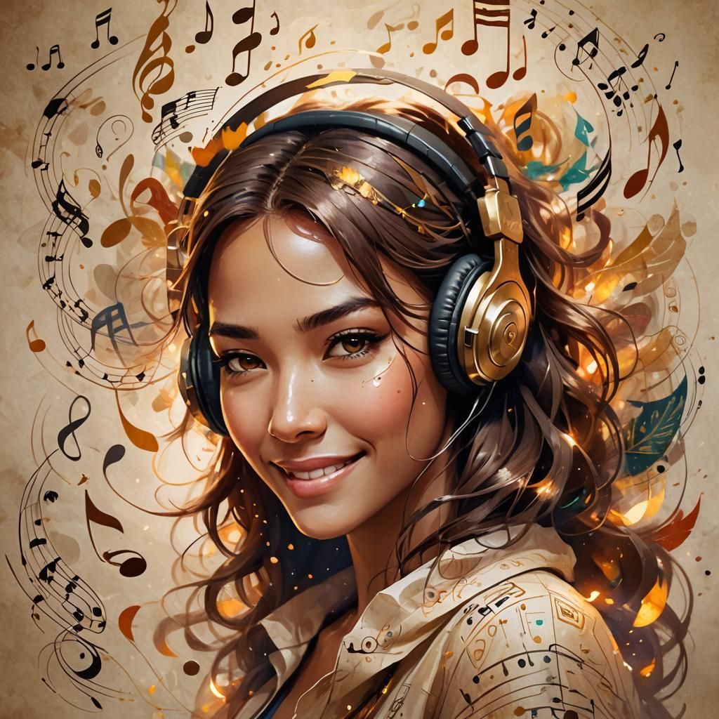 Smiling Girl with Music Notes in Dreamy Portrait