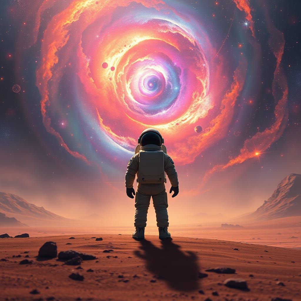 A lone astronaut stands on a desolate, alien planet, gazing ...