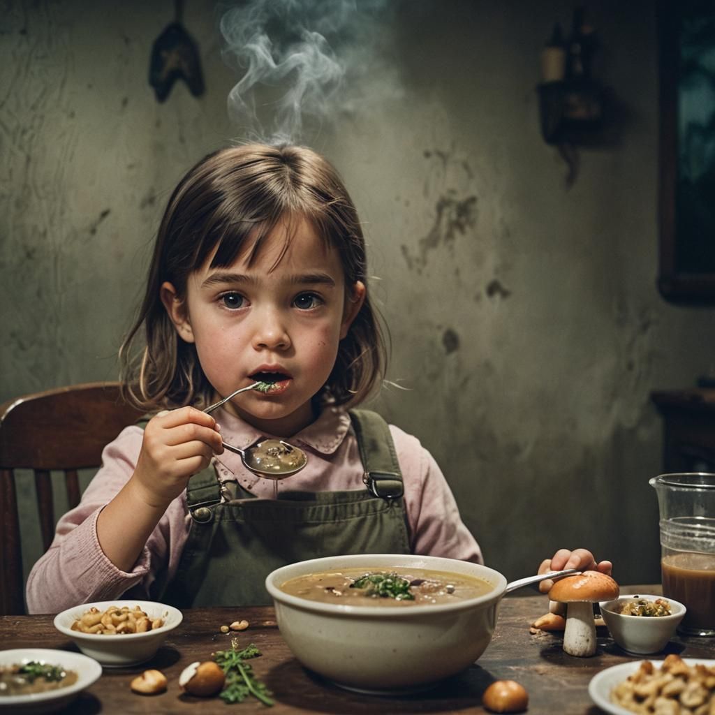 Girl Eating Mushroom Soup: Cinematic Film Still