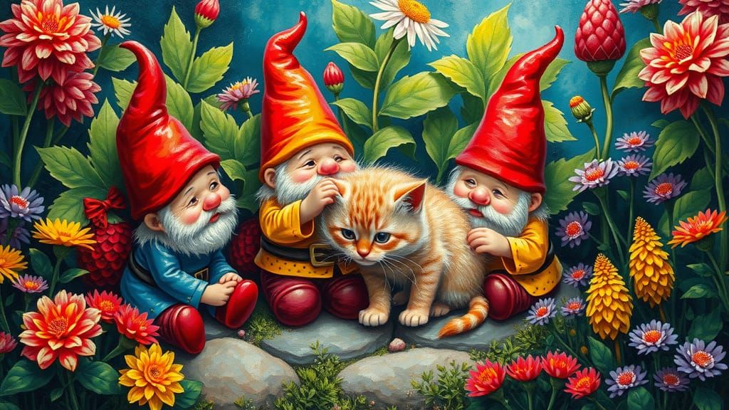 Gnomes and Kitten in a Neo-Impressionist Garden