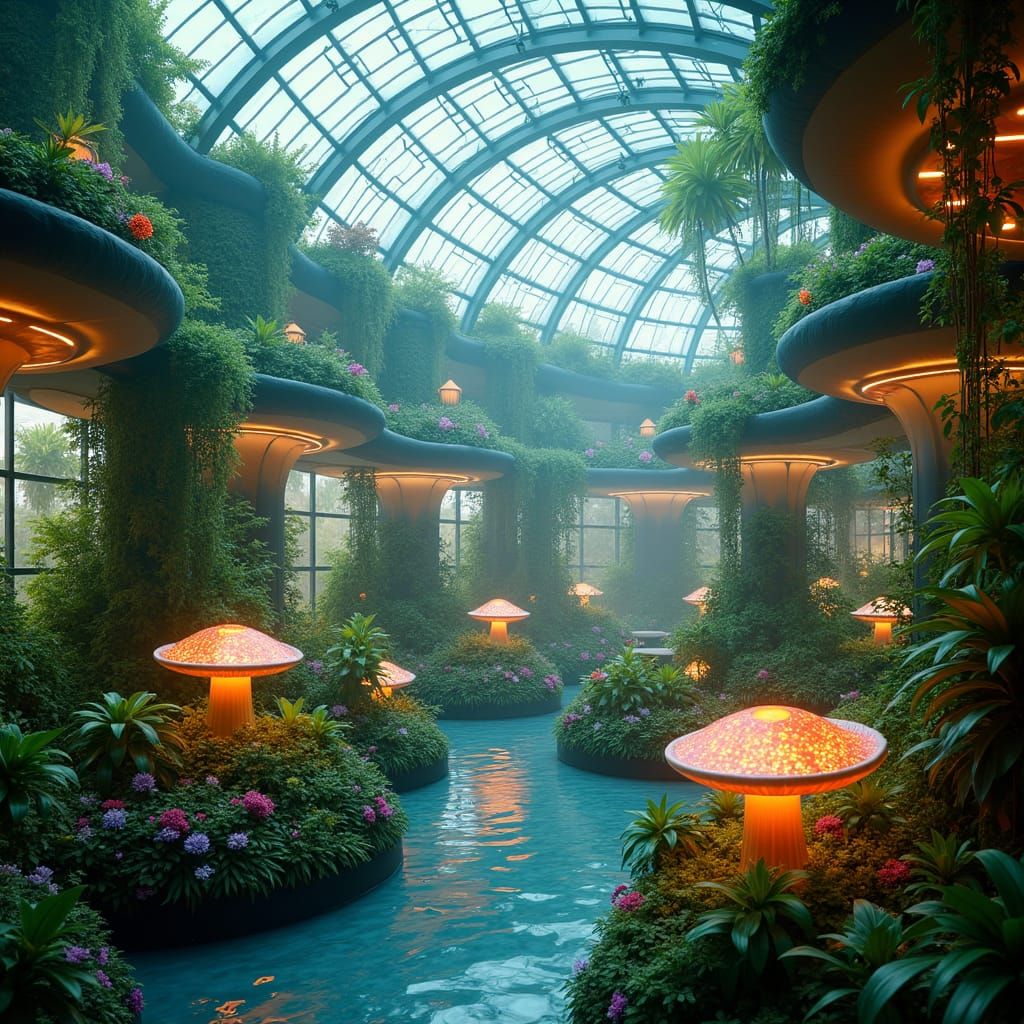 Futuristic IoT Plant Watering System in Lush Greenhouse