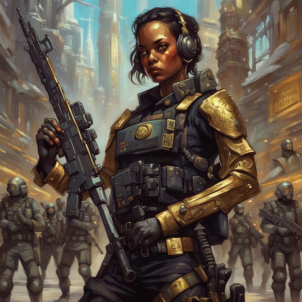 Furious Black Human Soldier in Futuristic Uniform