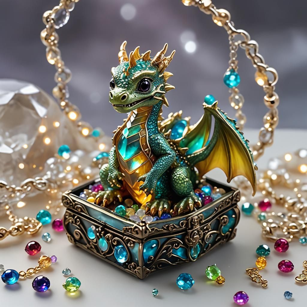 A cute miniature baby dragon sitting in a glass jewelry box ...