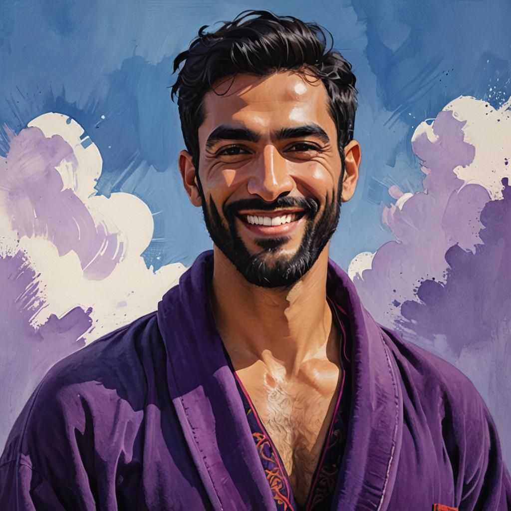 Smiling Man in Purple Velvet Robe, Gouache and Watercolor