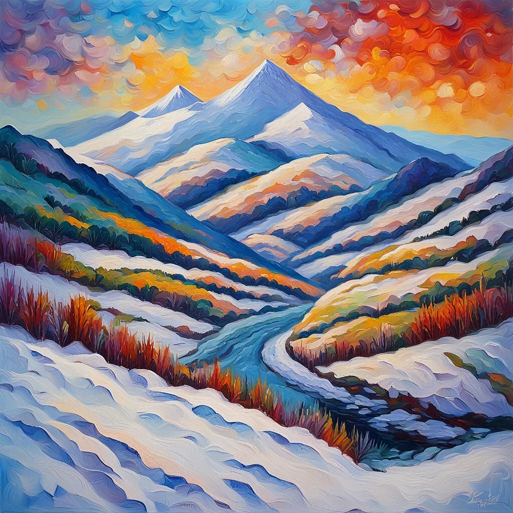 Snowy Mountain River: Expressionist Oil Painting
