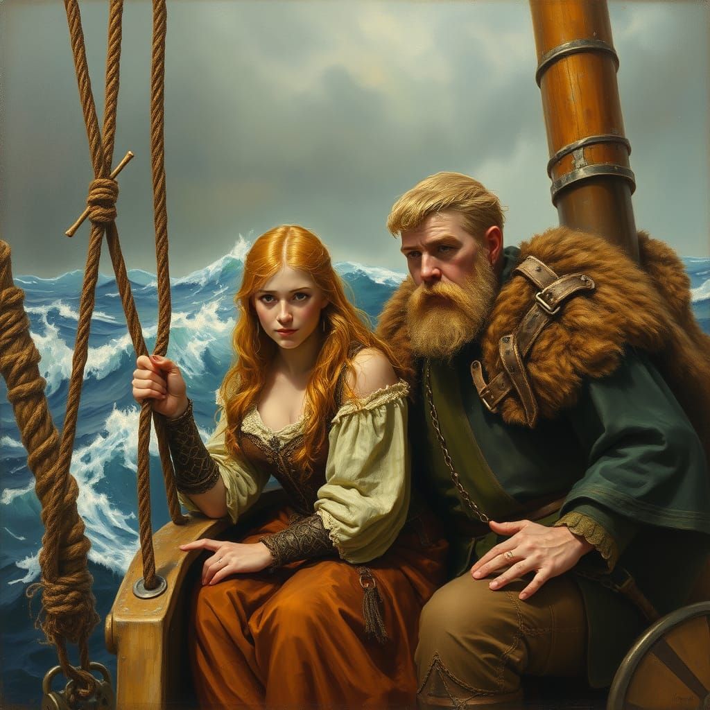 Viking Warrior Couple Riding Out a Stormy Sea in an Oil Pain...