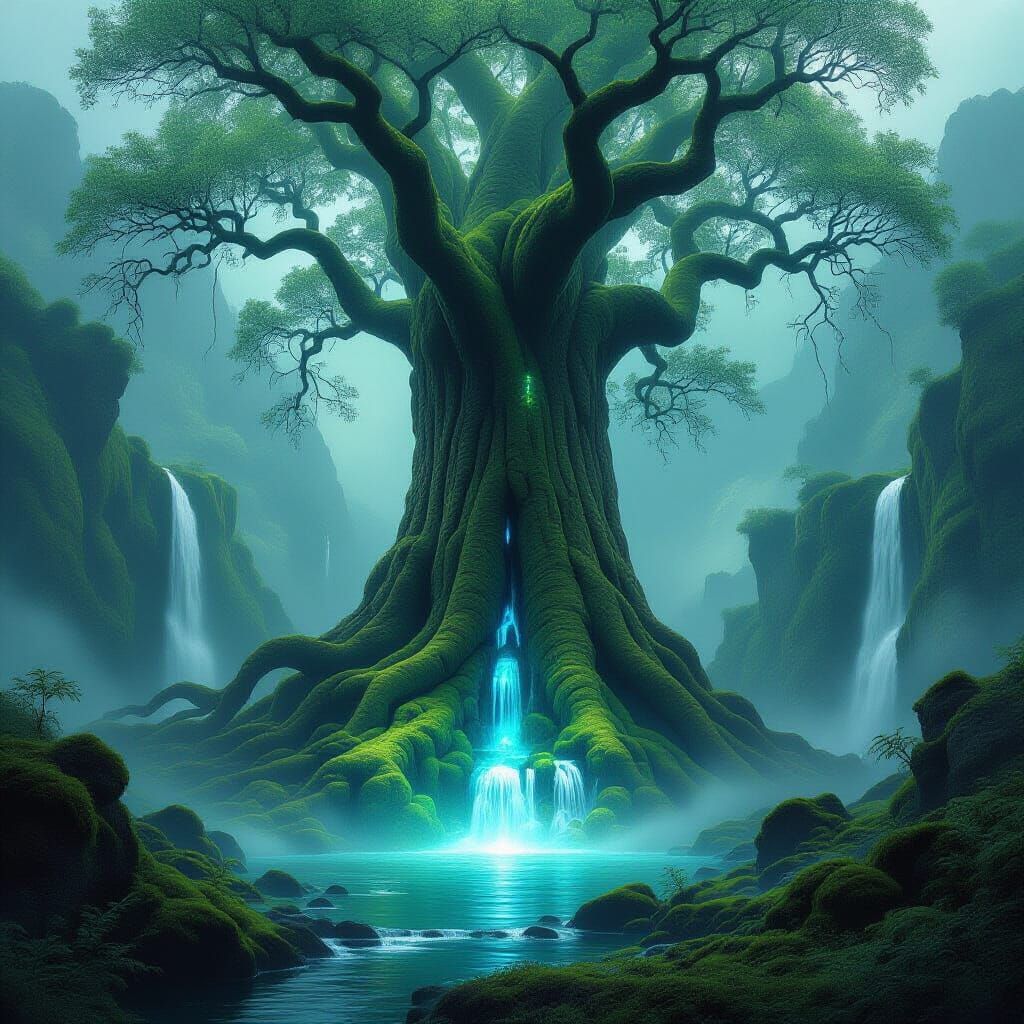 Ancient Stone Tree in Ethereal Misty Valley