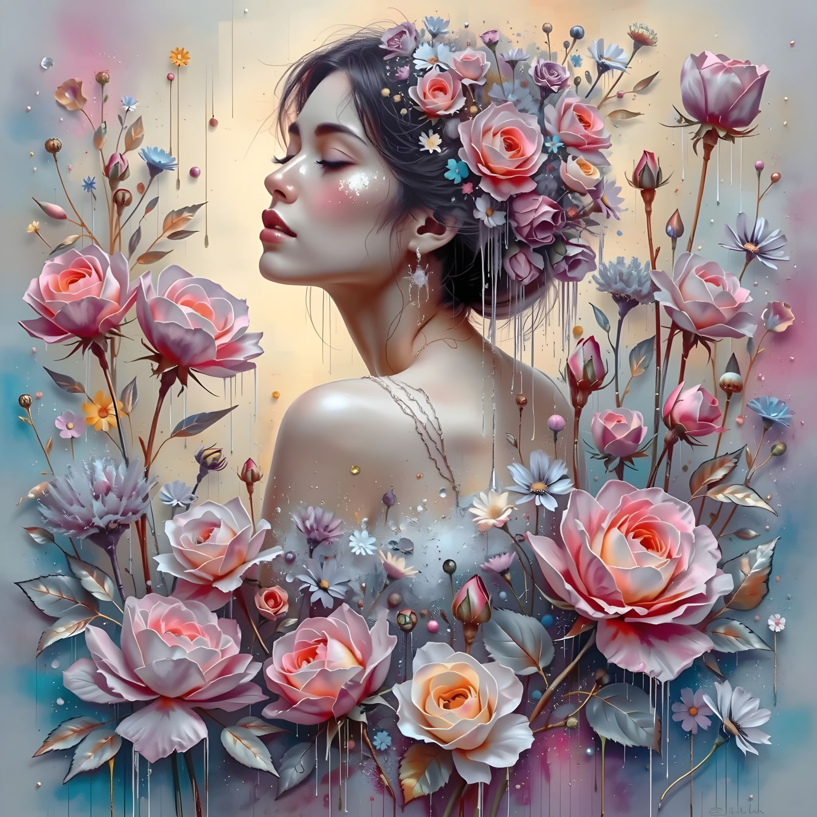 Airbrushed Woman Enveloped in Sparkling Roses