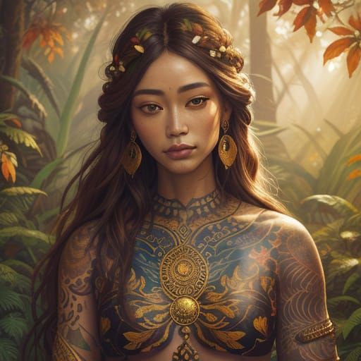 Tattooed Women Meditating in Nature: Oil Painting