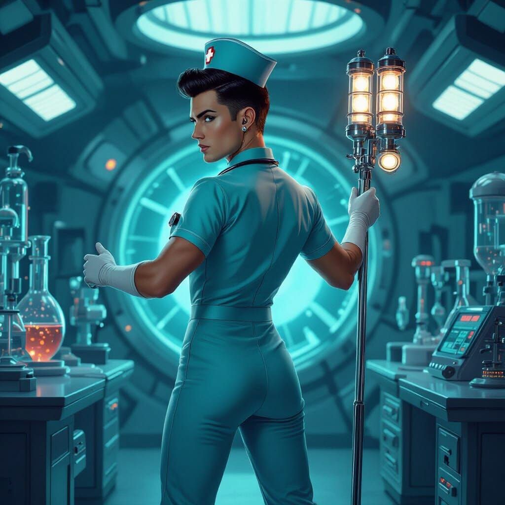 Retro Sci-Fi Hero in Atomic Lab