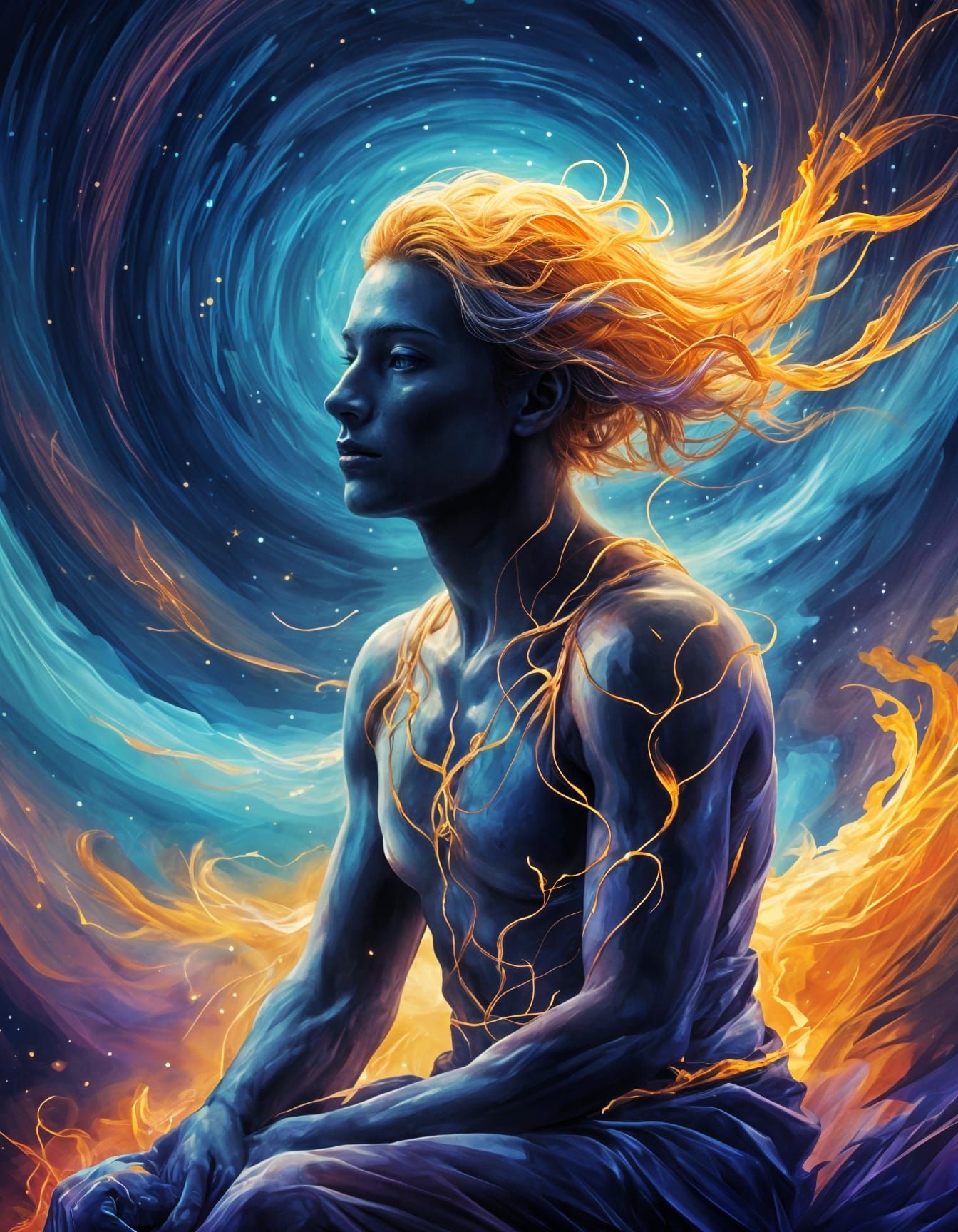 Cosmic Figure Meditating in Starlit Universe