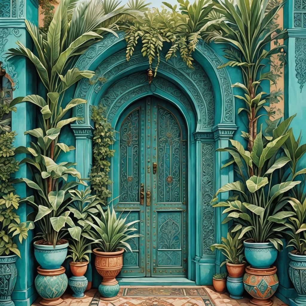 Moroccan Door with Tropical Plants in Naive Art