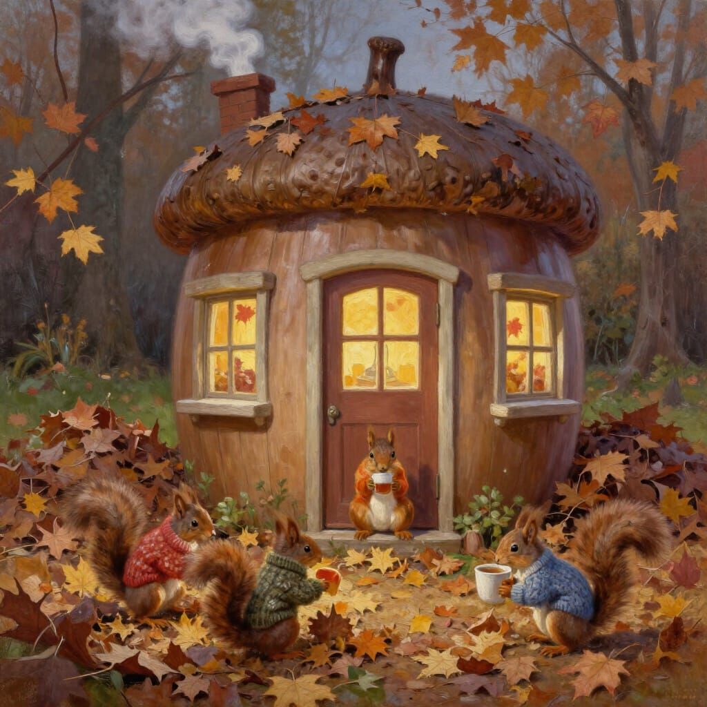 Cozy Acorn Home with Squirrel Family in Autumn Leaves