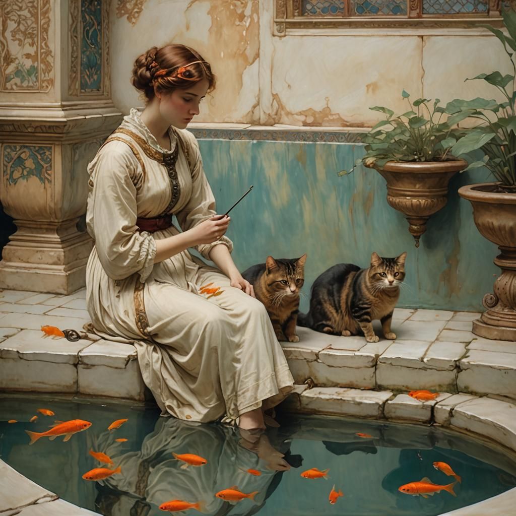 Woman and Cat Watching Goldfish, Alma-Tadema Style