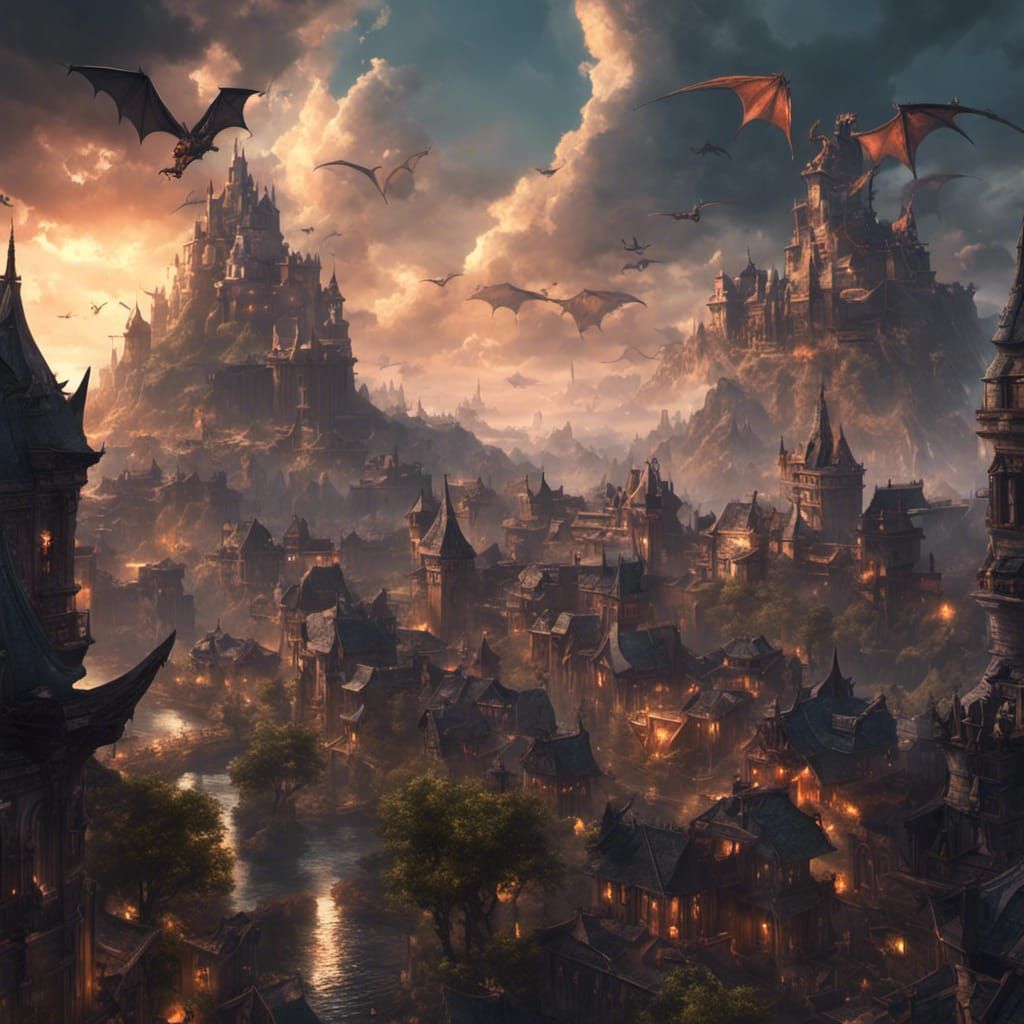 Dragons Over Fantasy City: Dark Concept Art