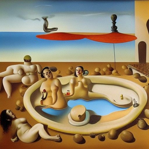 Surreal Roman Spa with Voluptuous Figures, Oil on Canvas