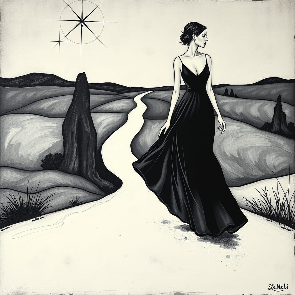 Ethereal Woman Walks through Dreamlike Landscape in Black an...