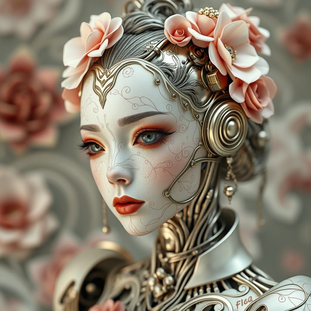 Cyborg Orc with Floral Etchings in Futuristic Style