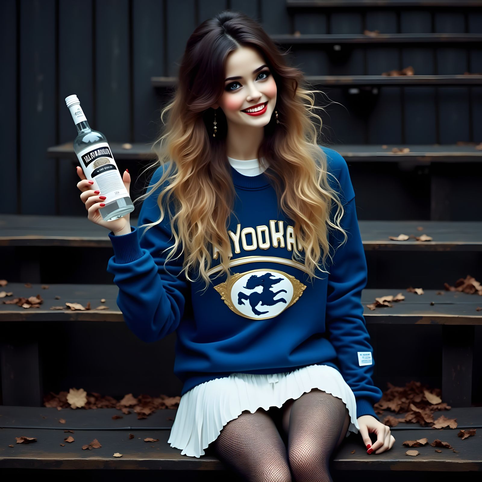 Gothic Cheerleader Adorns Bench with Vodka
