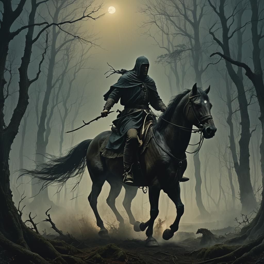 Eerie Horseman in Dark Forest, Beksiński Style