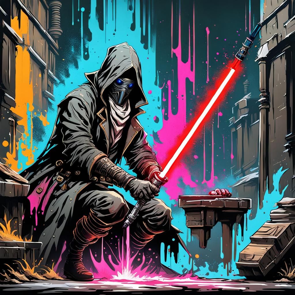 Bloodborne Hunter with Lightsaber in Graffiti Art