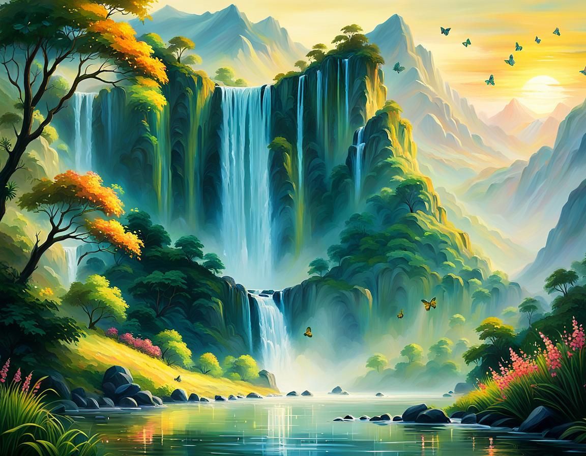 Ethereal Waterfall Landscape Painting at Sunset