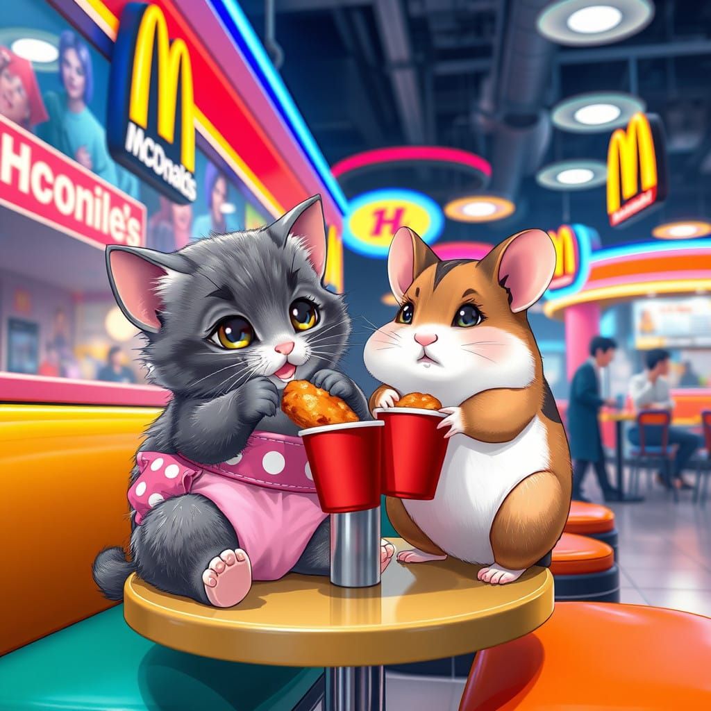 Kitten and Hamster Enjoy Fast Food in Vibrant McDonald's Sce...