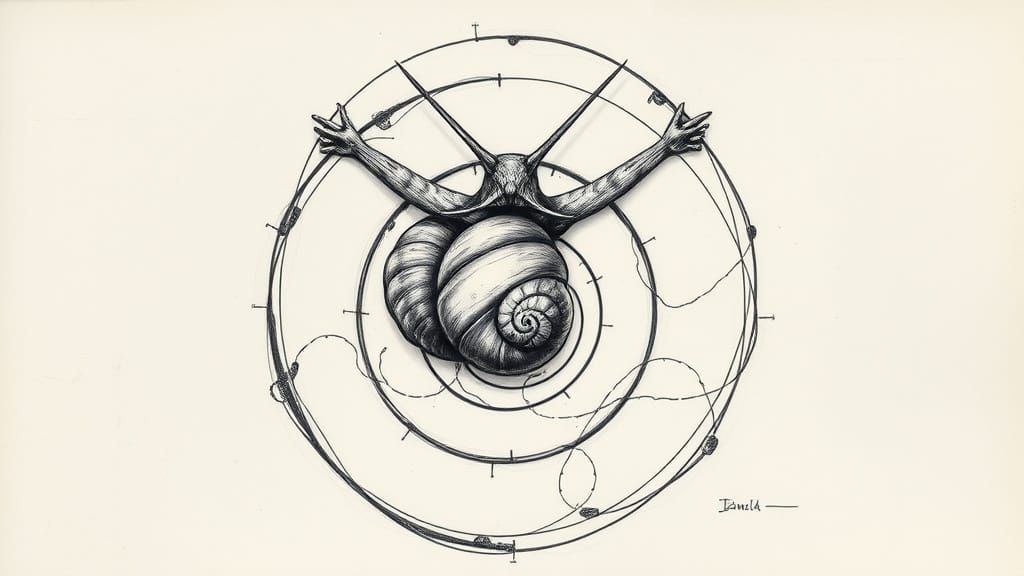 Snail Vitruvian Man Over Fibonacci Spiral