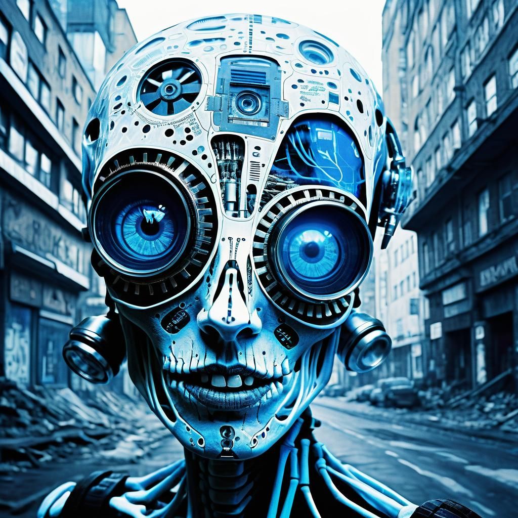 Cyberpunk Skeleton and Punk Woman Double Exposure