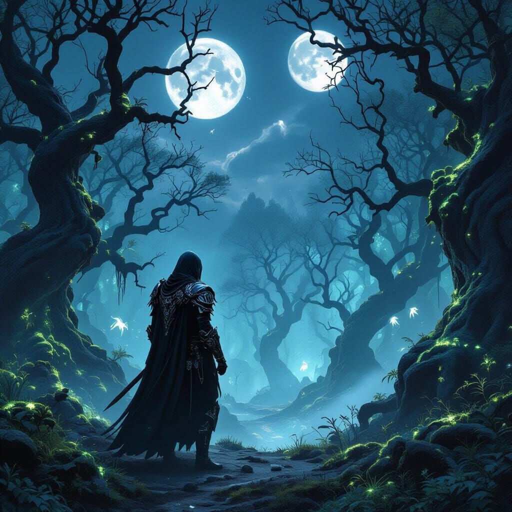 Lone Warrior in Bioluminescent Forest Under Twin Moons