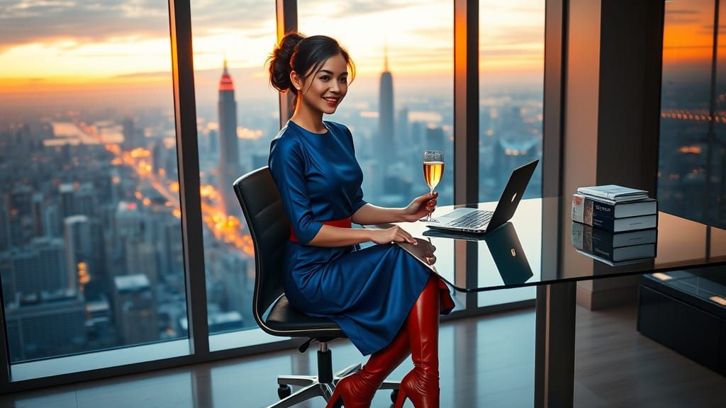 Elegant Vietnamese-French Secretary in Modern Office at Dusk