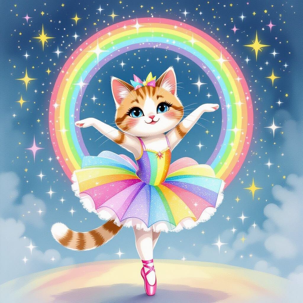 Cute Ballerina Cat Dances Under Rainbow Moon