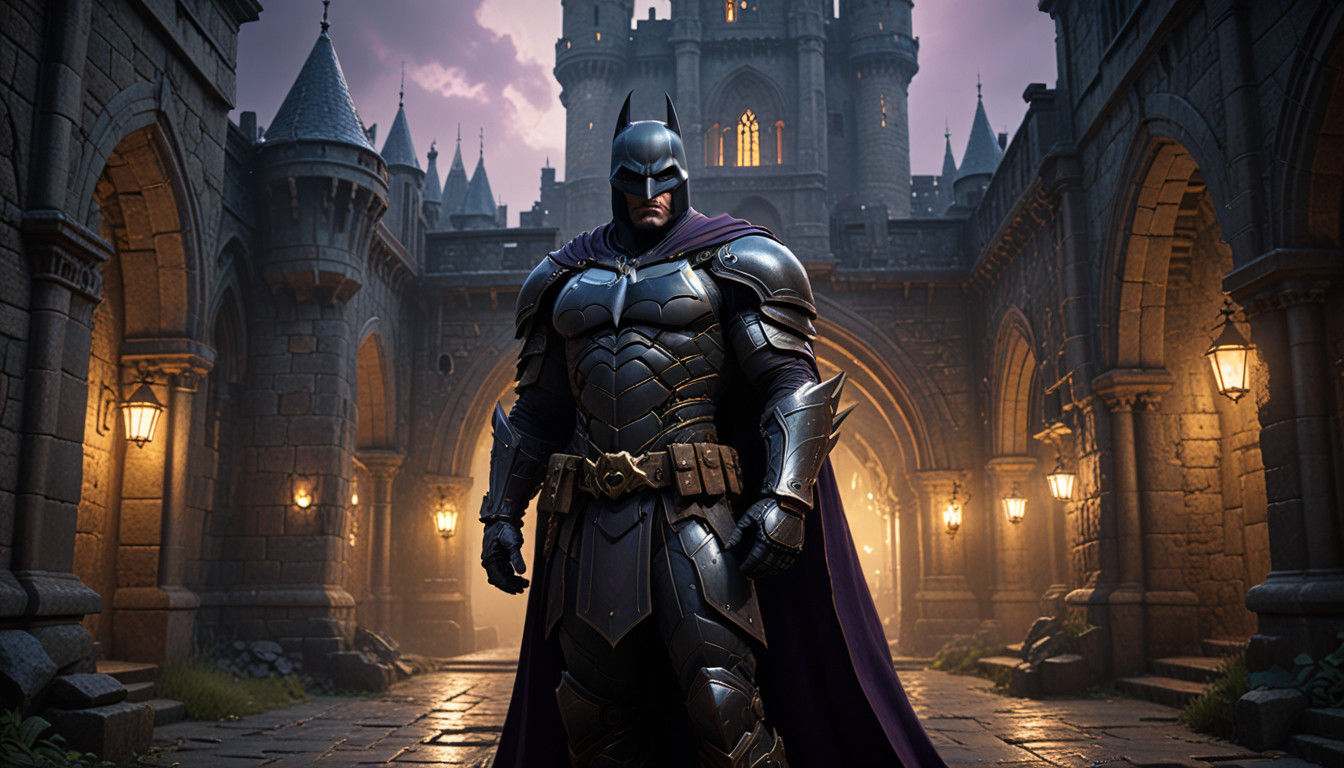 Surreal Dark Fantasy Batman Walks in Castle Courtyard with H...