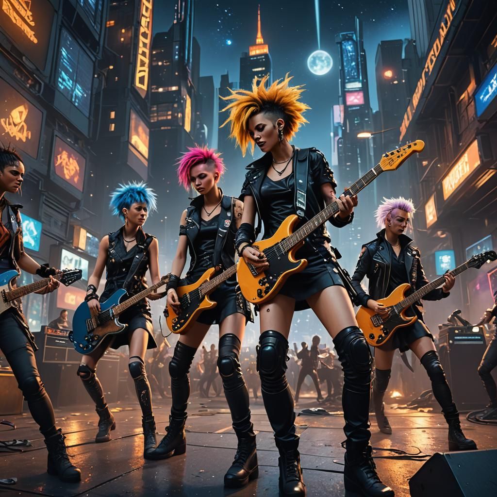 Cyberpunk Punk Rockers in Futuristic City, Digital Art
