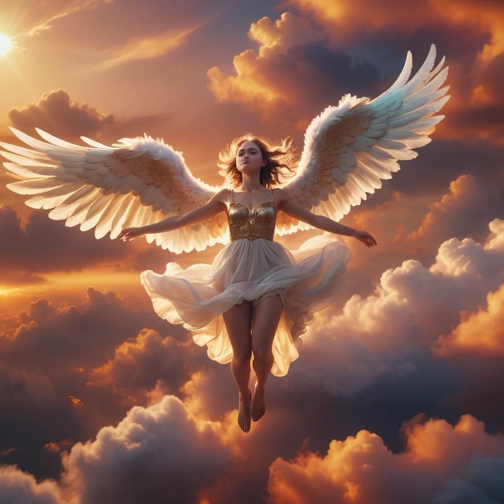 Angelic Woman Hovering in Sunset Sky