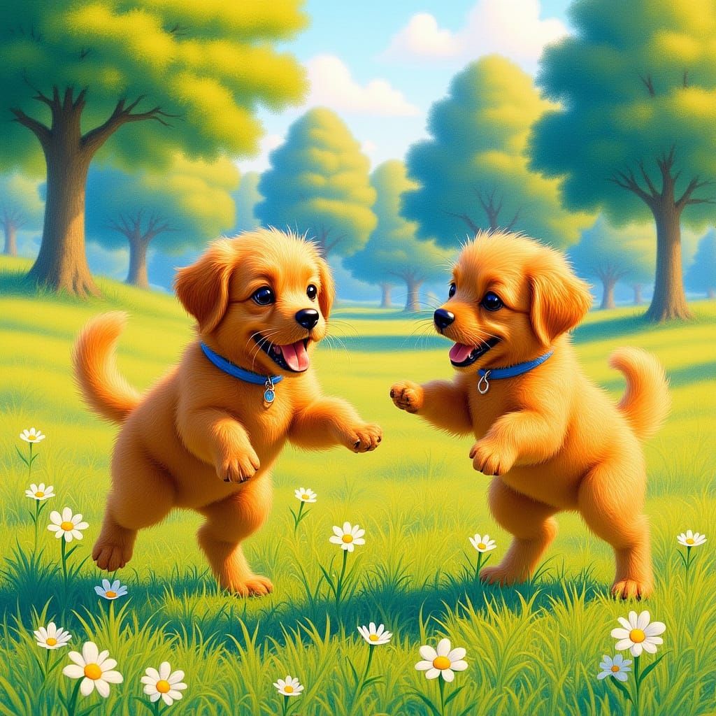 Puppies Playing in a Sunny Meadow: Whimsical Art