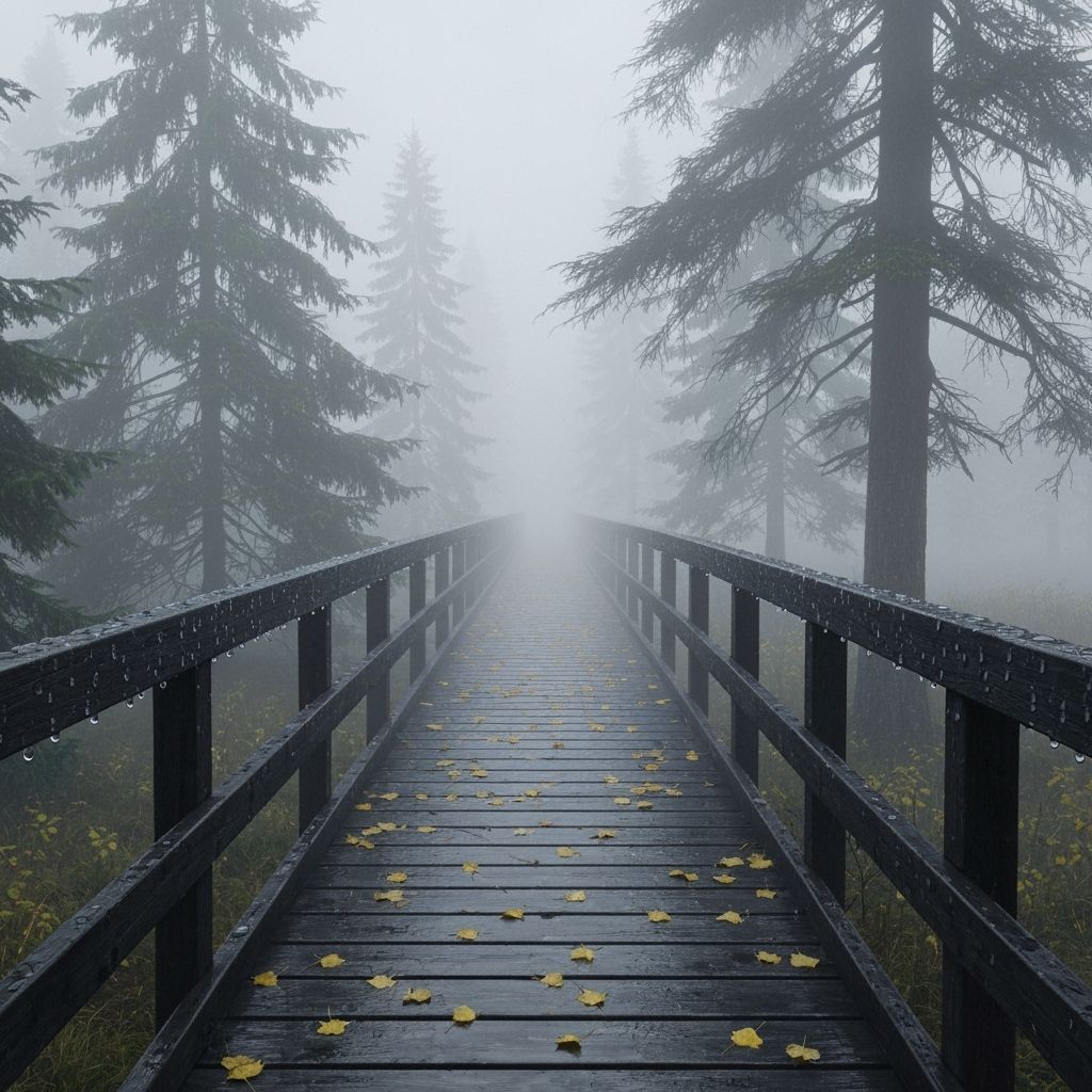 Wooden Boardwalk Fades into Foggy Forest