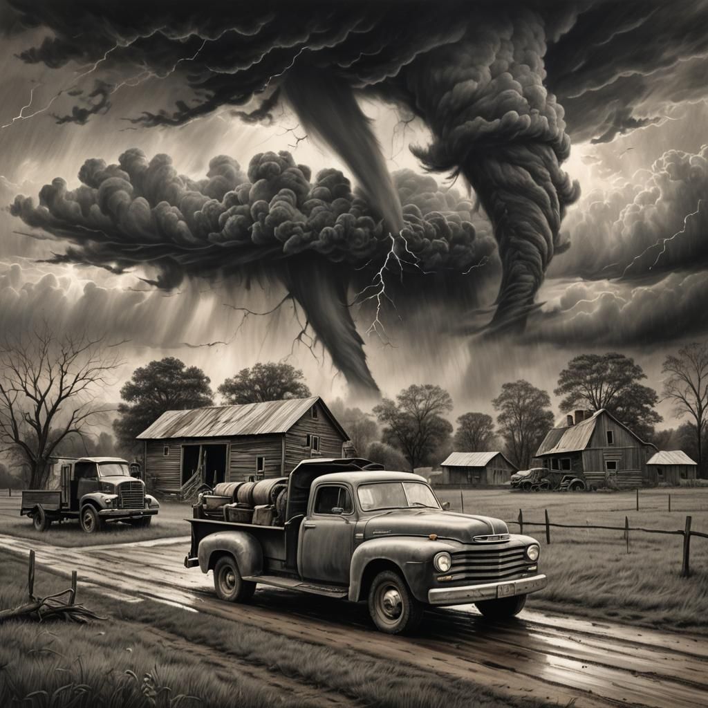 Tornado Approaches Farmhouse: Dramatic Charcoal Drawing