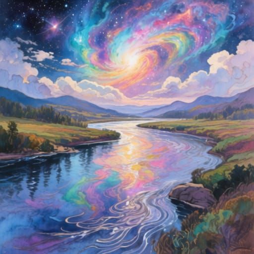 Celestial River Reflecting Cosmic Nebulae in Painterly Reali...
