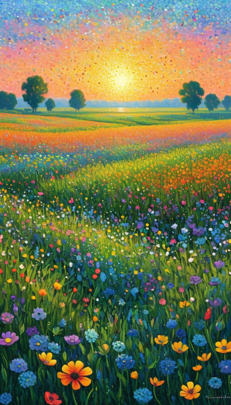 Beautiful pointillism digital painting of a colorful wildflo...