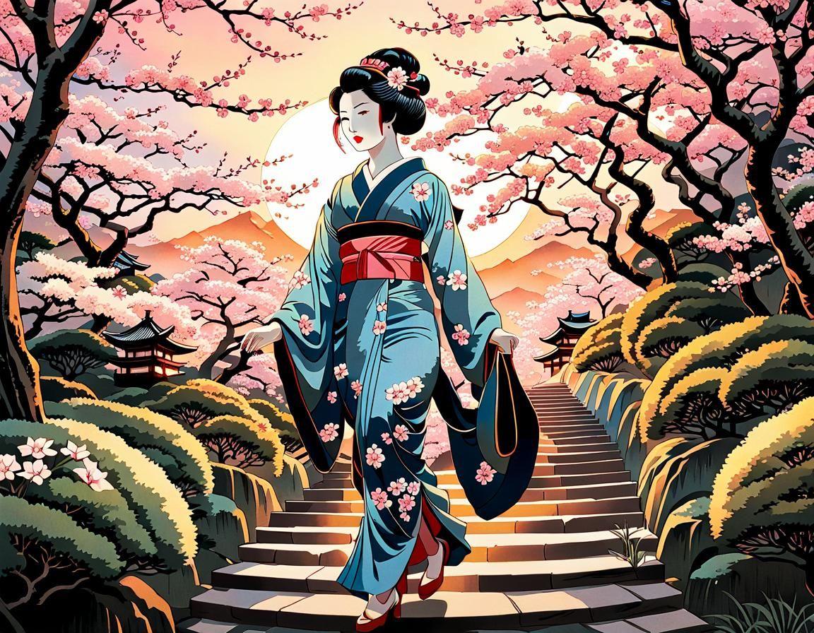 Geisha in Sakura Garden: Ukiyo-e Woodblock Print