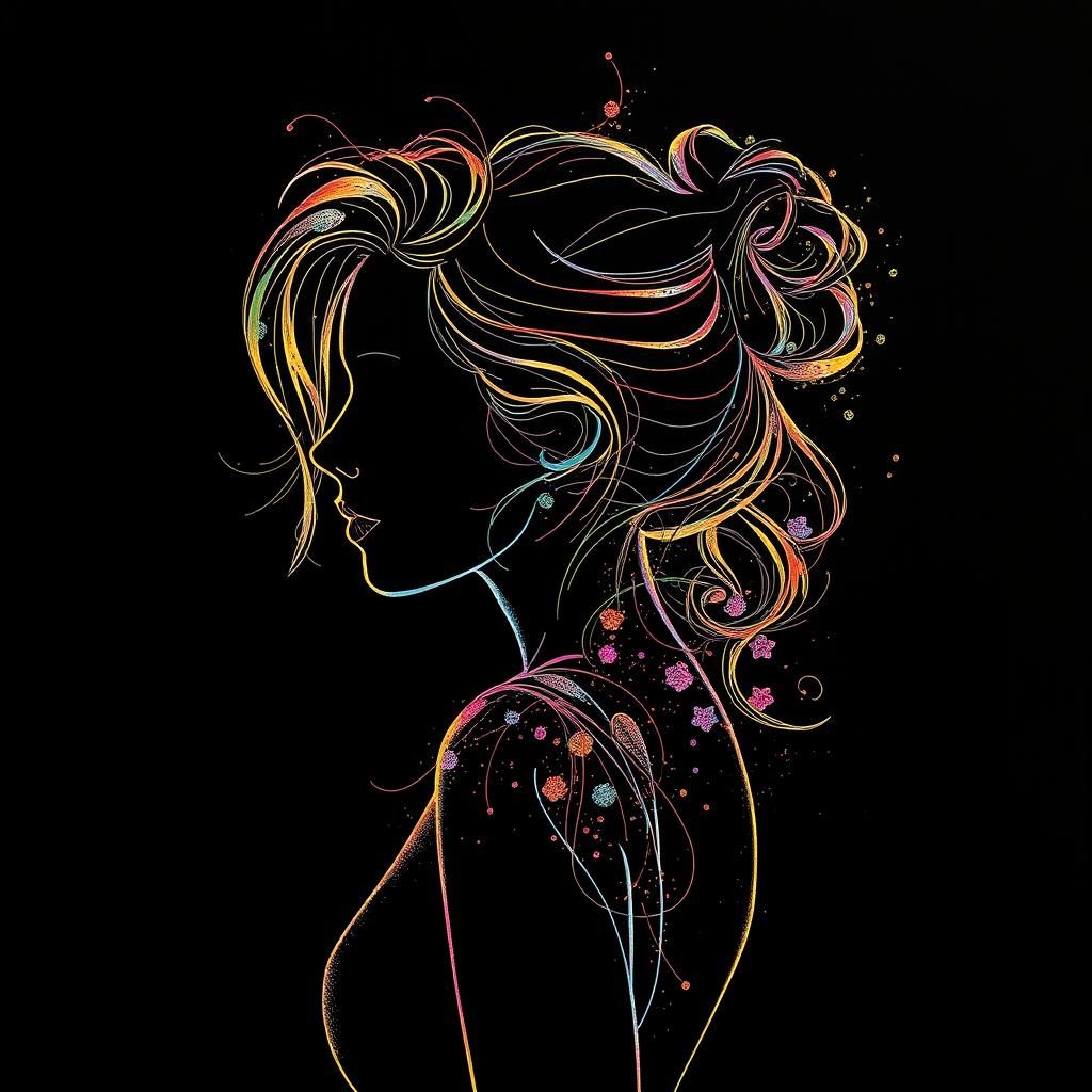 Vibrant Woman Silhouette in Fine Color Ink Lineart
