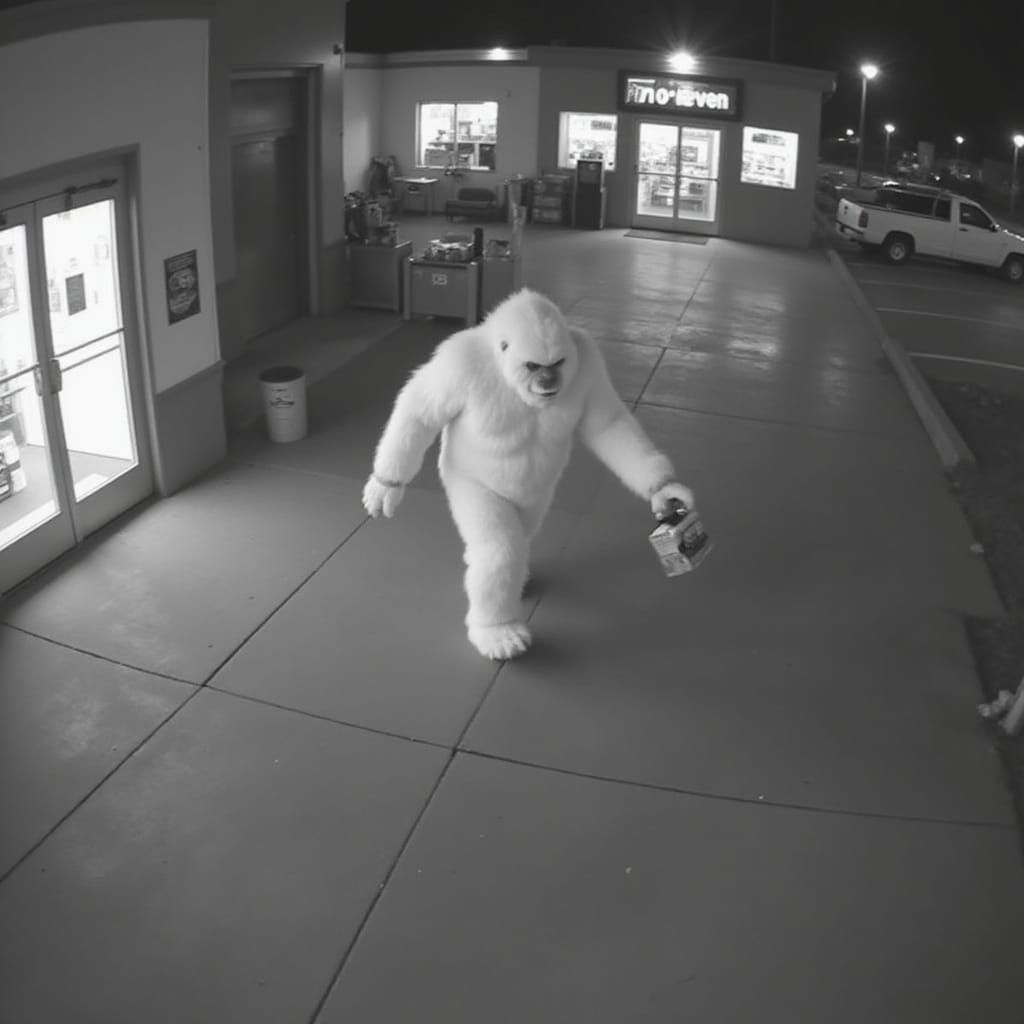 CCTV Still: Yeti Runs from 7-Eleven with Beer