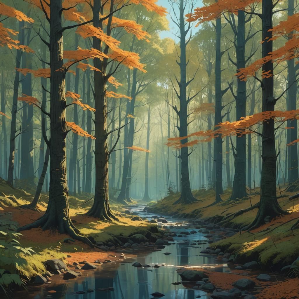 Serene Forest Landscape with Bubbling Brook in Fantasy Style