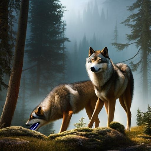 Wolves in Dense Fog: A Digital Airbrush Painting