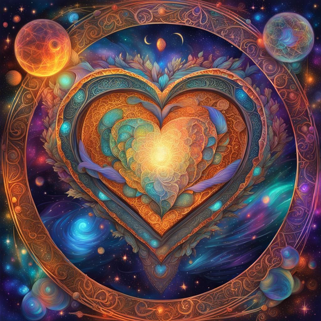 Holographic Heart: Cosmic Mixed Media Illustration
