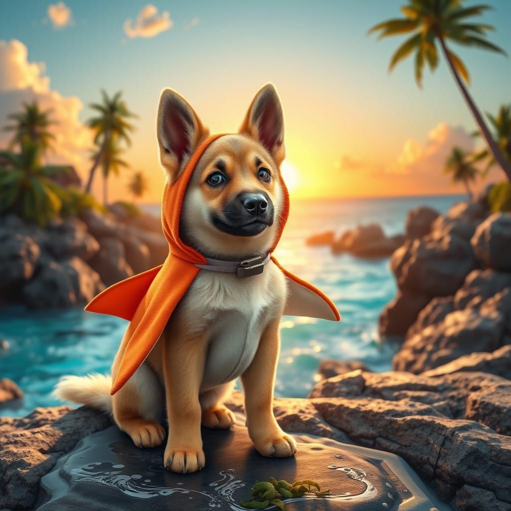 Dreamlike Ocean Scene of a Sharky German Shepherd Puppy in S...