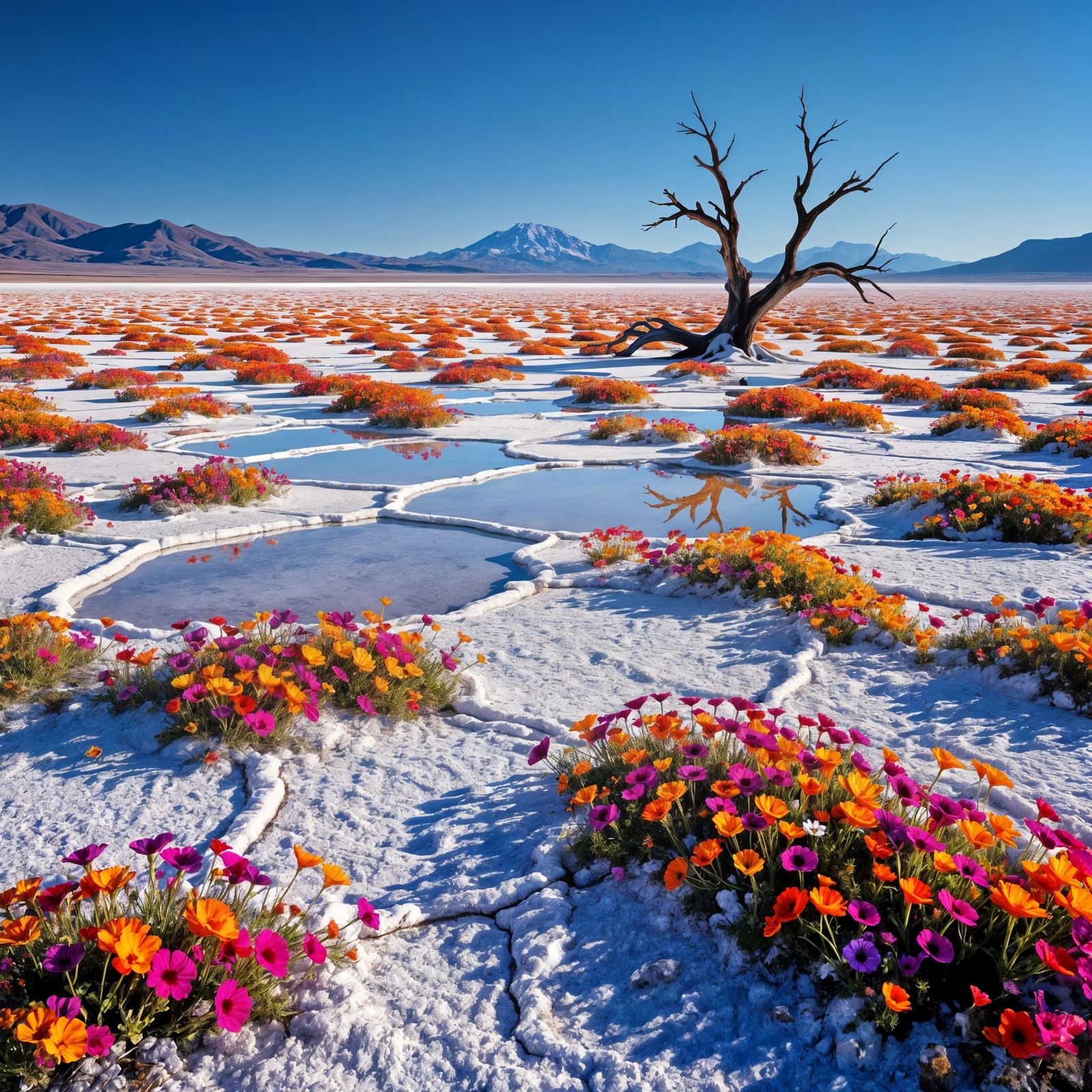 Salt Flats in Bloom: Vibrant Wildflowers Reflecting Sky